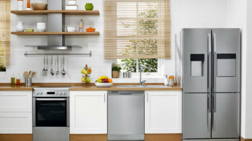 Wide angle shot of a Domestic kitchen with modern appliances